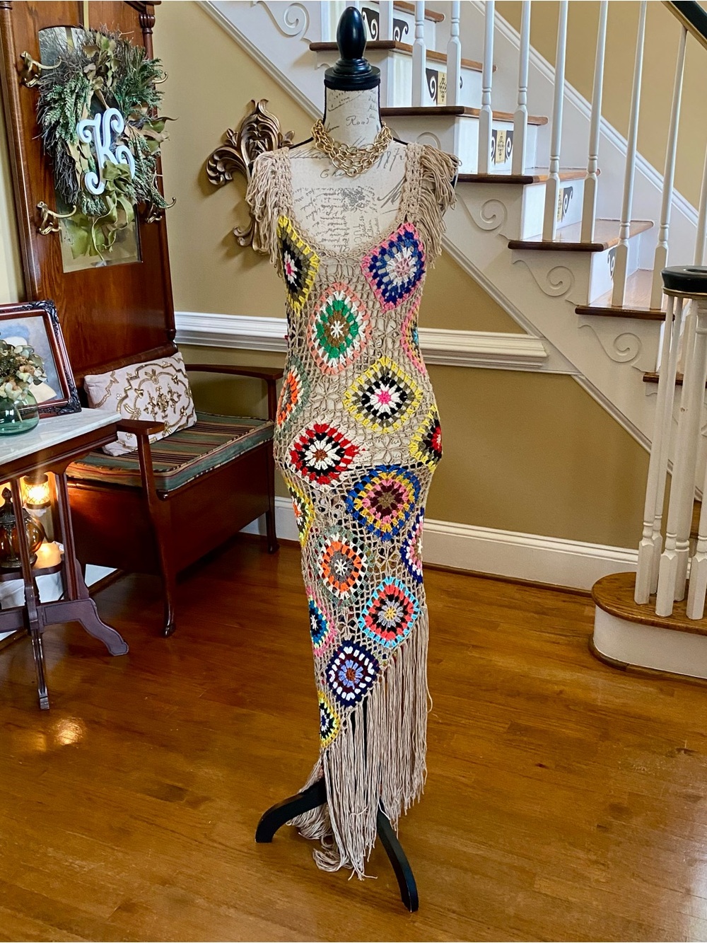 Love Sense Boho crochet fringe hem maxi dress